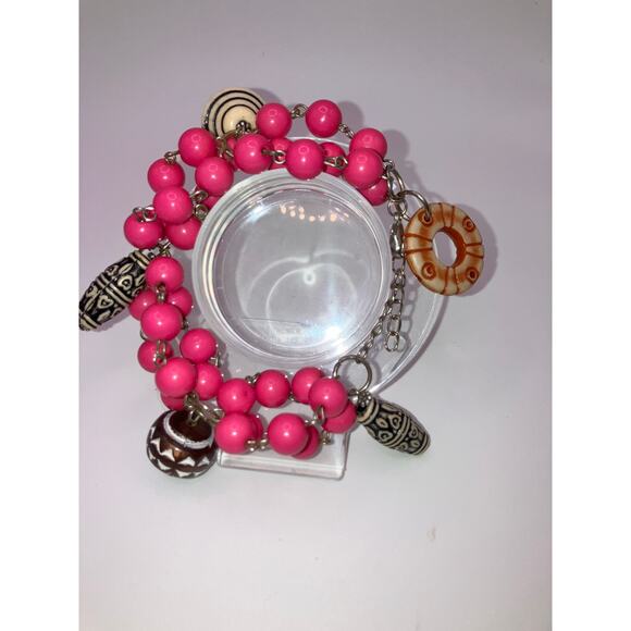 Pink Beaded Wood Ethnic Charms 9 3/8" Bracelet Vintage! - Picture 2 of 8